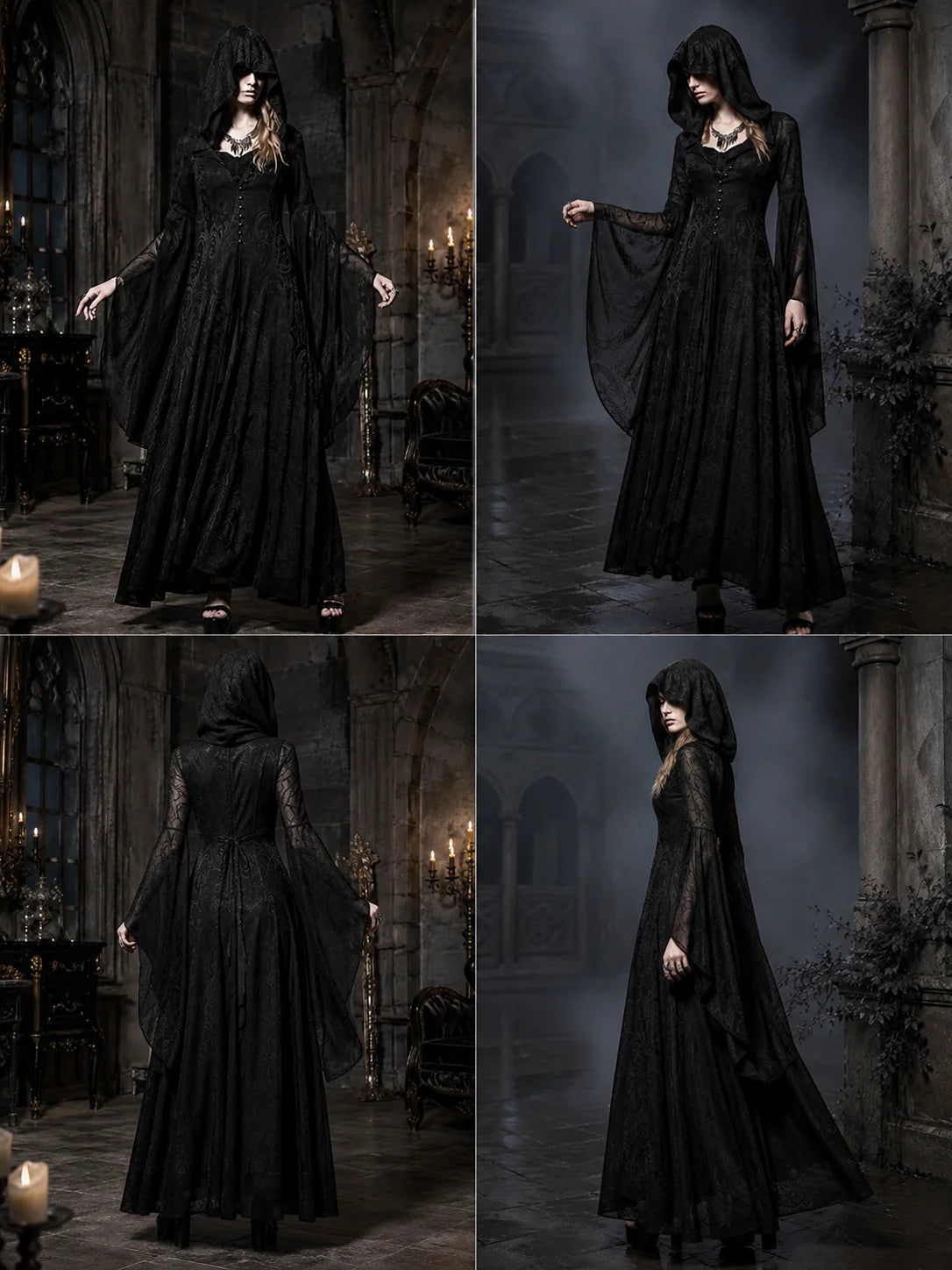 Women Gothic Witch Hooded Maxi Dress Bell Long Sleeve Jacquard Mesh V‑Neck Button Front Floor‑Length Gown Halloween Cosplay Costume for Party Carnival