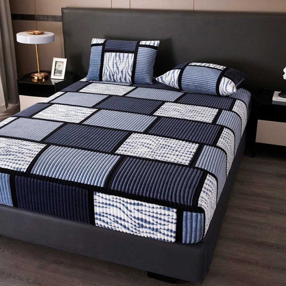 Winter Velvet Plaid Fitted Sheet, Thick Warm, Anti-Slip