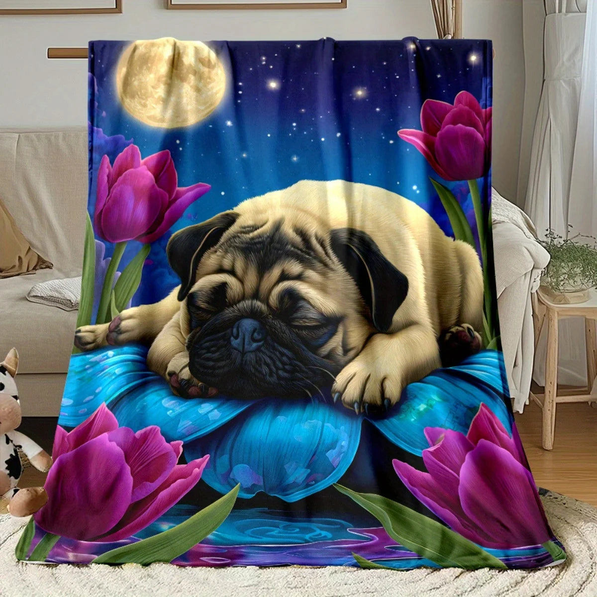 Pug by Moon and Tulips HD Printed Blanket. Soft and Warm Flannel Blankets for Travel, Camping, Sofa, Livingroom, Couch, Chair, Bed. Gift for Family or Friends 280GSM 4 Sizes Available (30x40in/40x50in/50x60in/60x80in)