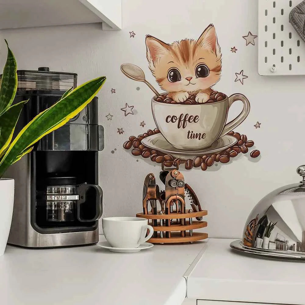 Cartoon Coffee Cup Cat Wall Sticker Cafe Background Decoration Mural Kitchen Restaurant Beautify Home Decor Self-adhesive Decals