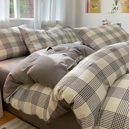 3/4 Pcs Blue Checkered Bedding Set Simple Style Soft Skin Friendly Duvet Cover Flat Sheet and Pillowcases Single Double Bed Sets