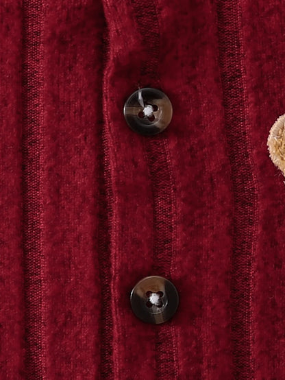 【Baby Boy】Autumn & Winter Red Onesie with Front Single-Breasted Buttons and Cute Bear Badge on Chest + Red Hat Set Featuring a W