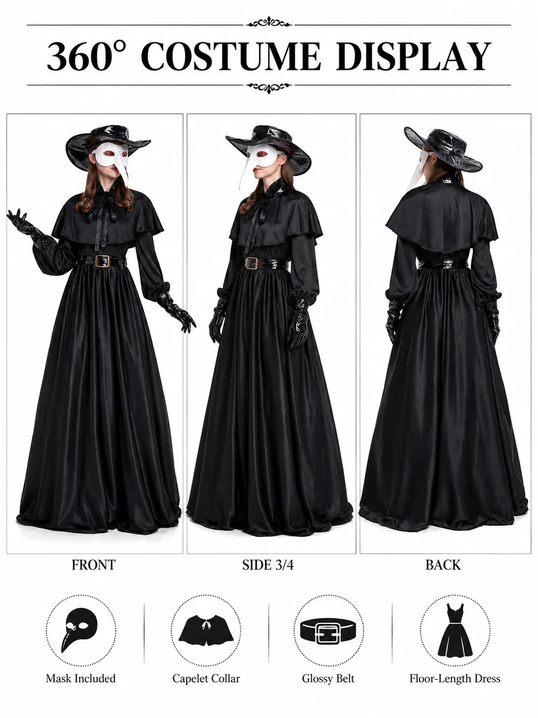 Women Plague Doctor Costume Set Medieval Gothic Long Dress with Cape Belt Hat Gloves Bird Beak Mask Steampunk Halloween Cosplay Outfit for Carnival Party