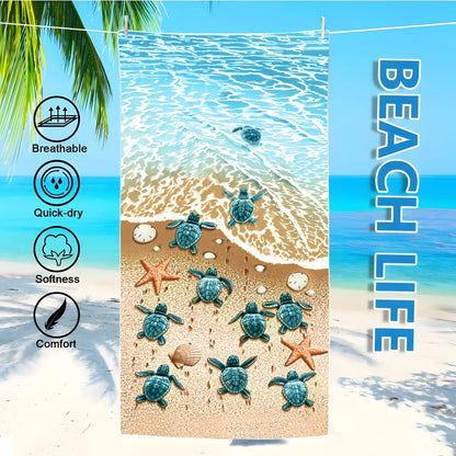 Oversized Microfiber Beach Towel — Sea Stars & Turtles Graphic