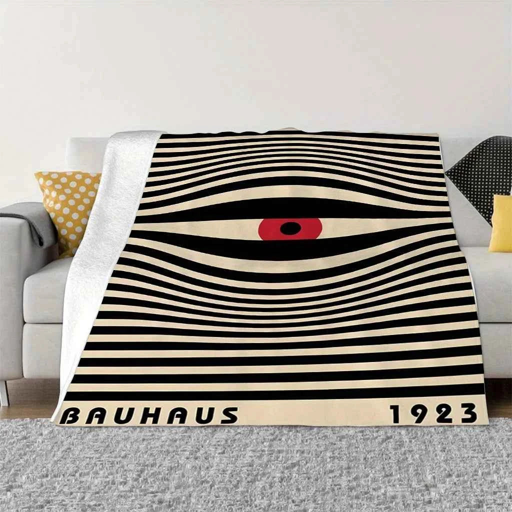 Bauhaus Eye Flannel Blanket Retro 1923 Striped Pattern Red Black Beige Color Scheme Artistic Throw For Sofa Couch Living Room