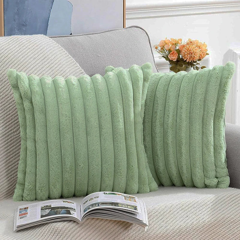 Fuzzy Striped Plush Throw Pillow Cover, Green