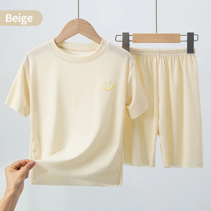 Children's Ice Silk Pajamas, Summer Thin Short Sleeved Shorts, 2-Piece Set of Big Boys and Girls' Home Clothing Set