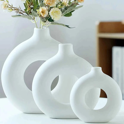 1pc, White/Beige Ceramic Vase  Vases For Decor, Modern Home Decor Vase, Boho Vases For Decor, Circle Vase, Round Vase, Donut Vas