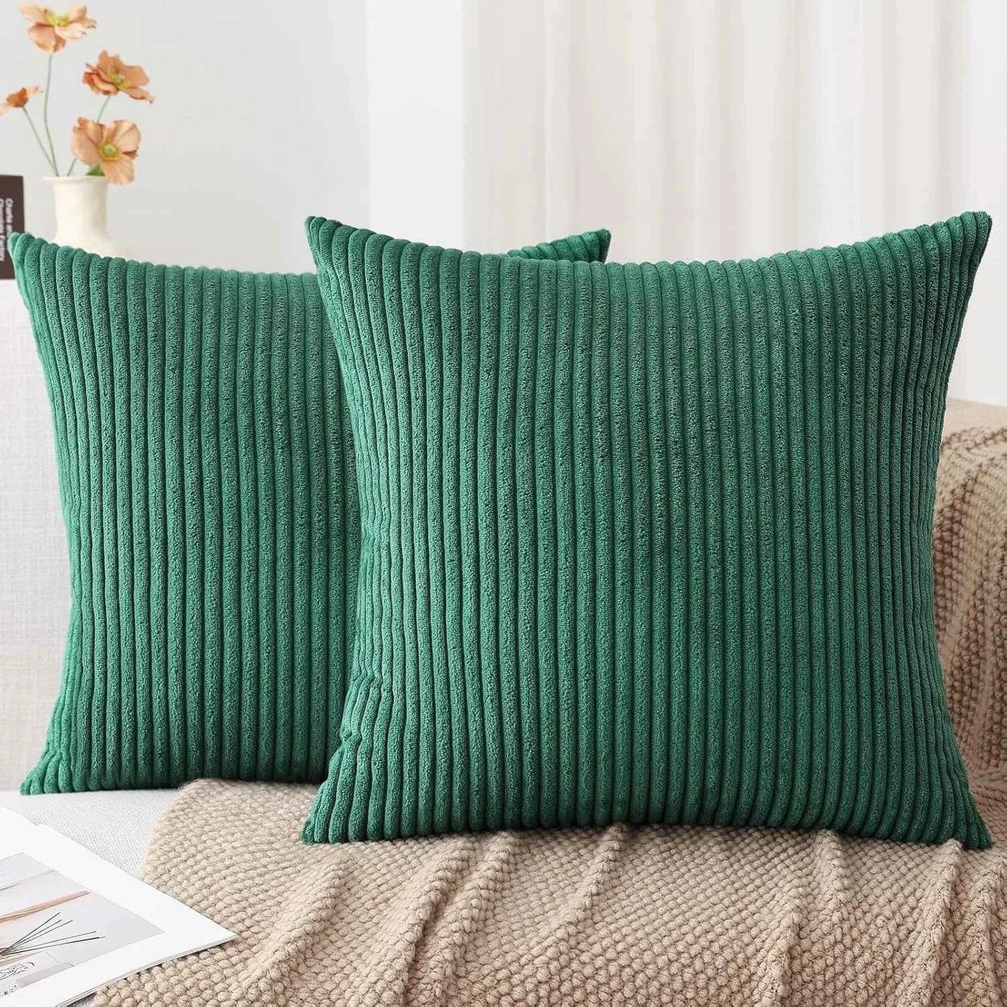 Soft Corduroy Striped Throw Pillow Case 45x45cm Boho Throw Pillow Covers for Sofa Bedroom Living Room Spring Home Decor Green