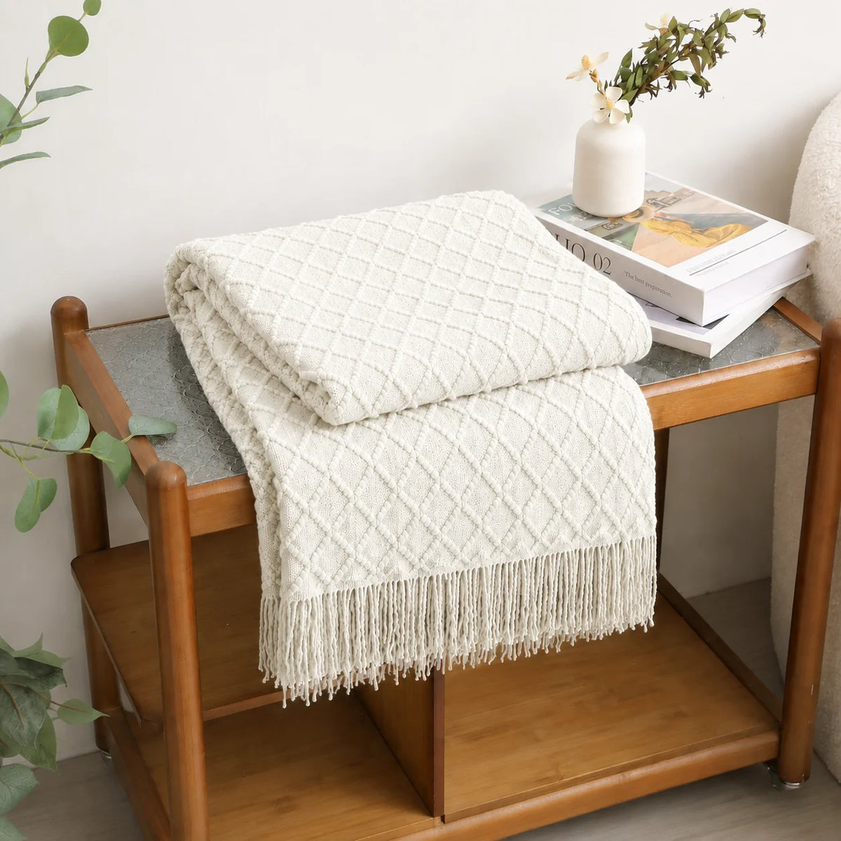Cream Popcorn Bobble Textured Knit Throw Blanket with Tassel Fringe, Soft Knitted Decorative Blanket, Lightweight Cozy Cover for Couch Sofa Bed, Boho Farmhouse Home Decor for Living Room Bedroom