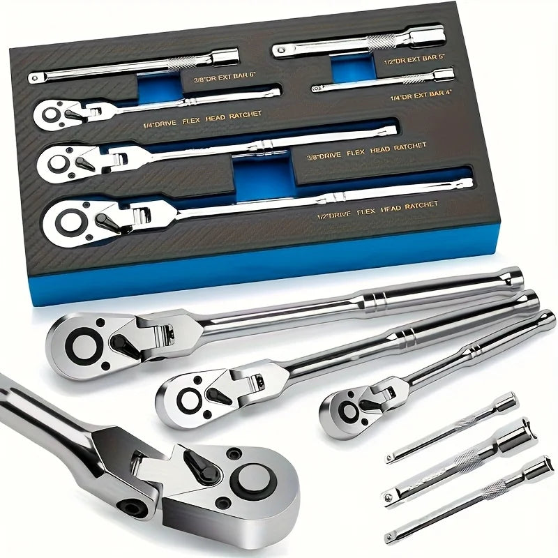 6pcs/3pcs Twist Head Ratchet Set, 1/4", 3/8", 1/2" Drive, Twist Head Ratchet Wrench with Extension Bar, 72 Teeth, 180 °   Adjustable, Quick Release, Flexible Ratchet Handle with EVA Foam.