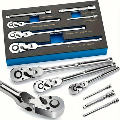 6pcs/3pcs Twist Head Ratchet Set, 1/4", 3/8", 1/2" Drive, Twist Head Ratchet Wrench with Extension Bar, 72 Teeth, 180 °   Adjustable, Quick Release, Flexible Ratchet Handle with EVA Foam.