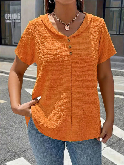 Women's Plus Size Doll Neck Short Sleeve Top — Elegant Textured Blouse