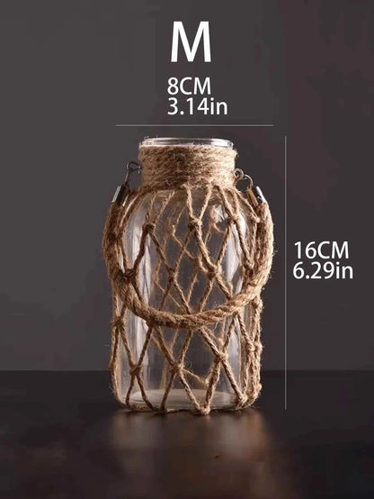 Hand Woven Hemp Rope Glass Vase Dry Flower Decor Art Glass Vase Nordic Living Room Table Decoration Bedroom Boho Home Decoration
