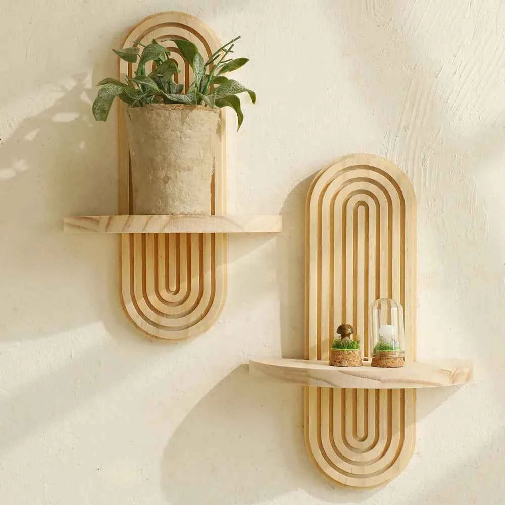 Boho Style Wooden Wall Mounted Shelves Plant Decorative Shelves Geometric Wall  Natural Finish Modern Home Decor ﻿