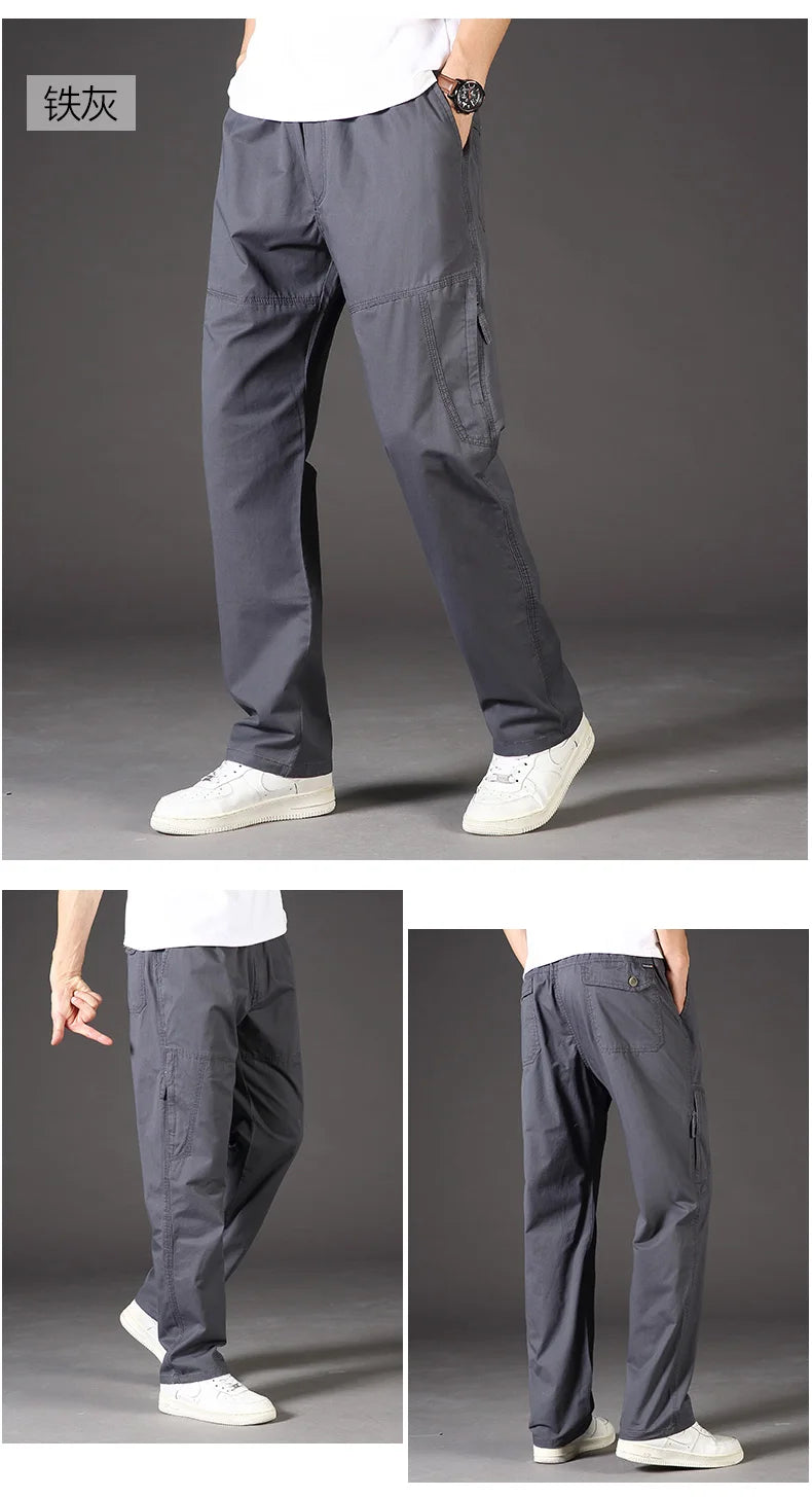 Men's Cotton Cargo Overalls Jogger Trousers — Stretch Waist Work Utility Sweatpants