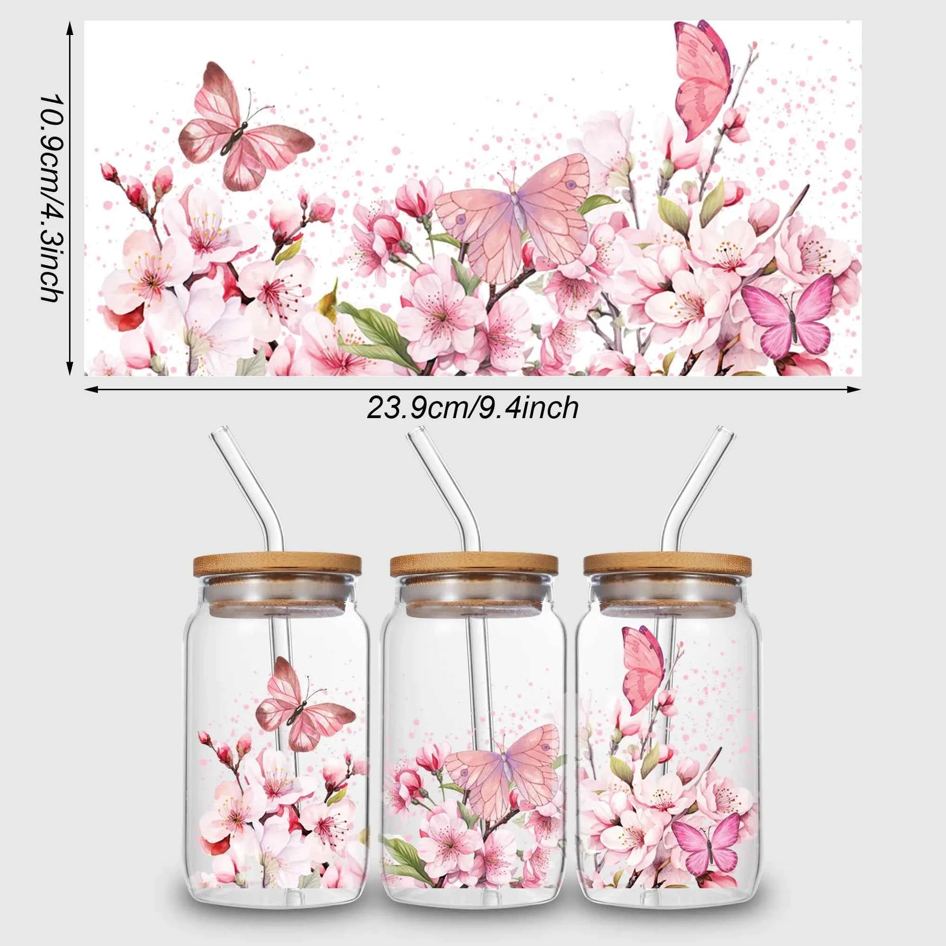 5 sheets flowers UV DTF Cup sticker, glass DTF transfer decal, beautiful butterfly waterproof wipe transfer paper