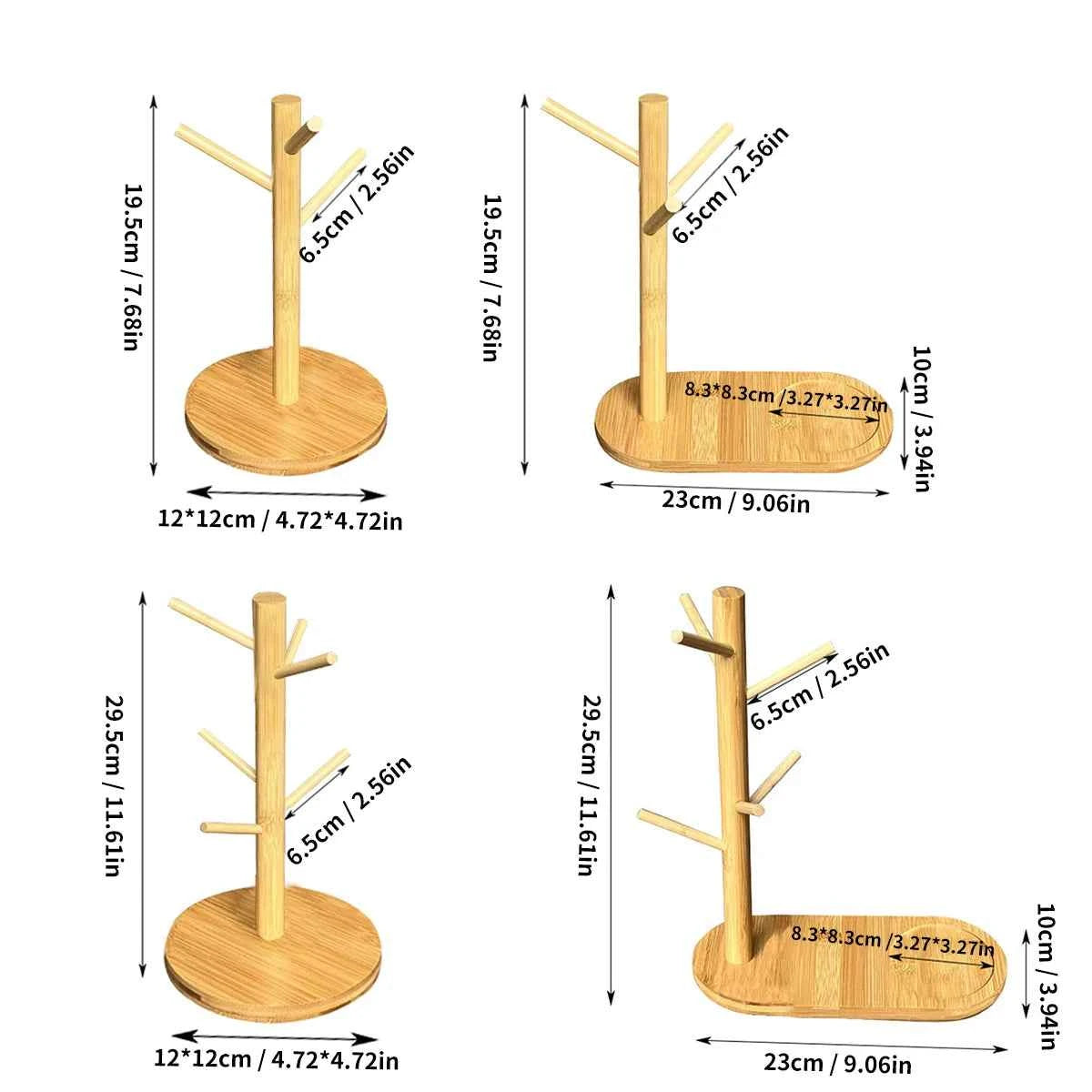 Mug Tree Holder - Bamboo Coffee Cup Rack with 3/6 Hooks, Non-Slip Kitchen Organizer for Counter, Perfect for Home & Cafe Decor