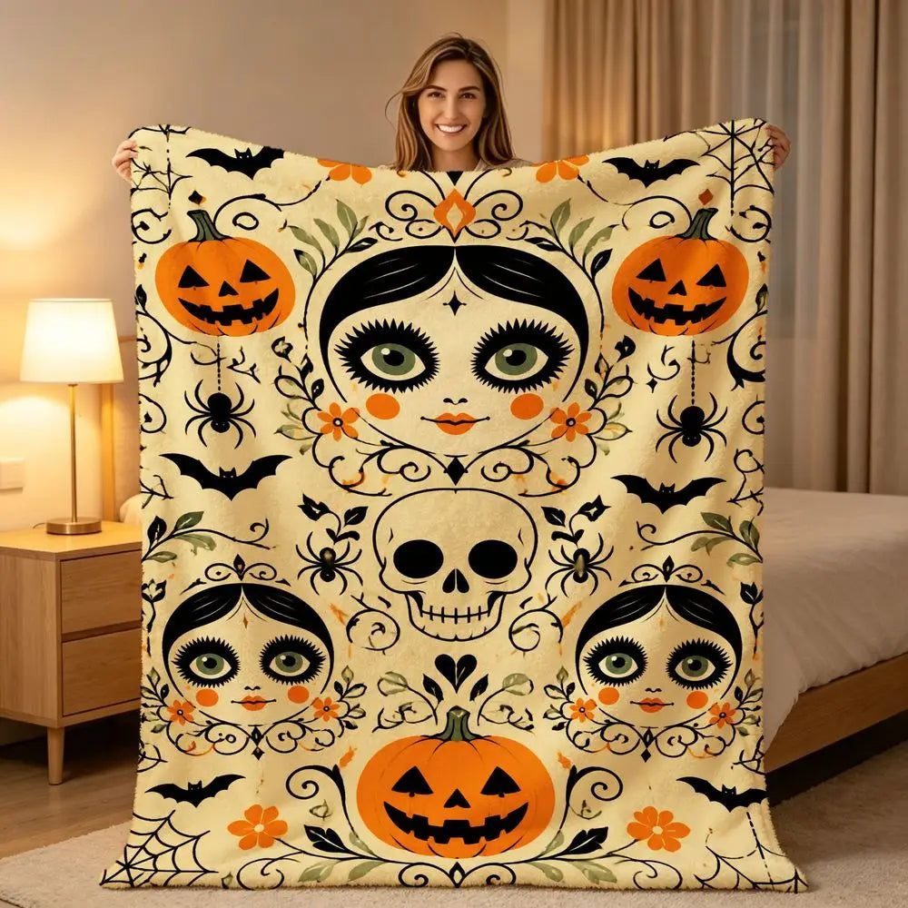 Whimsical Halloween Fleece Throw Blanket with Spooky Pumpkin Skull And Spiderweb Design Soft Warm Decorative Bed Sofa Blanket for Fall Home Decor Holiday Gifts for Friends