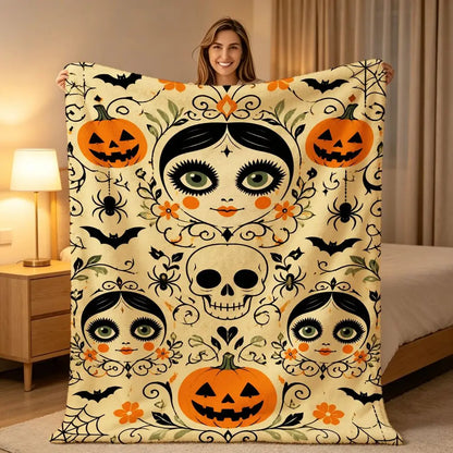 Whimsical Halloween Fleece Throw Blanket with Spooky Pumpkin Skull And Spiderweb Design Soft Warm Decorative Bed Sofa Blanket for Fall Home Decor Holiday Gifts for Friends
