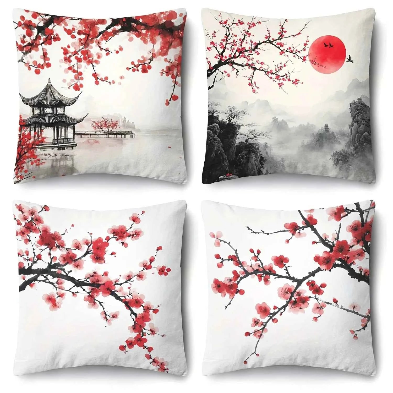 Red Plum Blossom Patterned Pillowcase ,Sofa bedroom cushion cover, single-sided printing, without pillow core