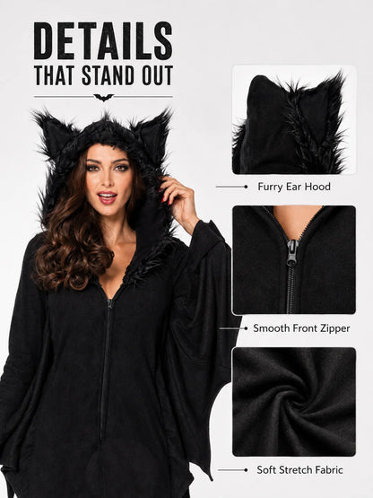 Women Cozy Bat Halloween Costume, Furry Cat Ear Hooded Zip‑Up Dress with Bat Wings, Vampire Animal Cosplay Outfit for Carnival Party