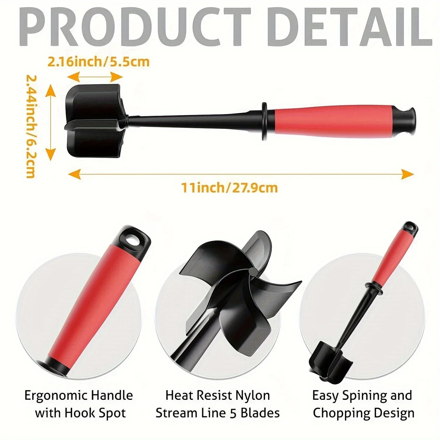 5-Blade Meat Chopper & Masher – Heavy Duty Non-Stick Ground Meat Tool for Burgers & Hash Browns
