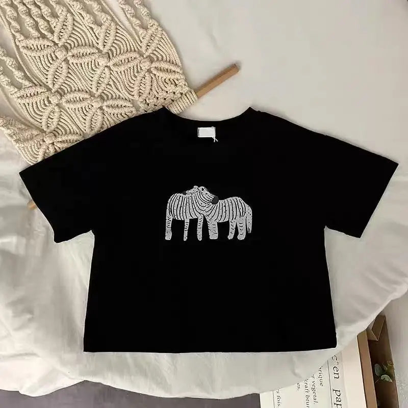 Animal Pattern Baby Boys Girls Short Sleeve Tops Kids Tees Summer Clothing Loose Fashion Trendy Children's Wear T-shirt O-neck