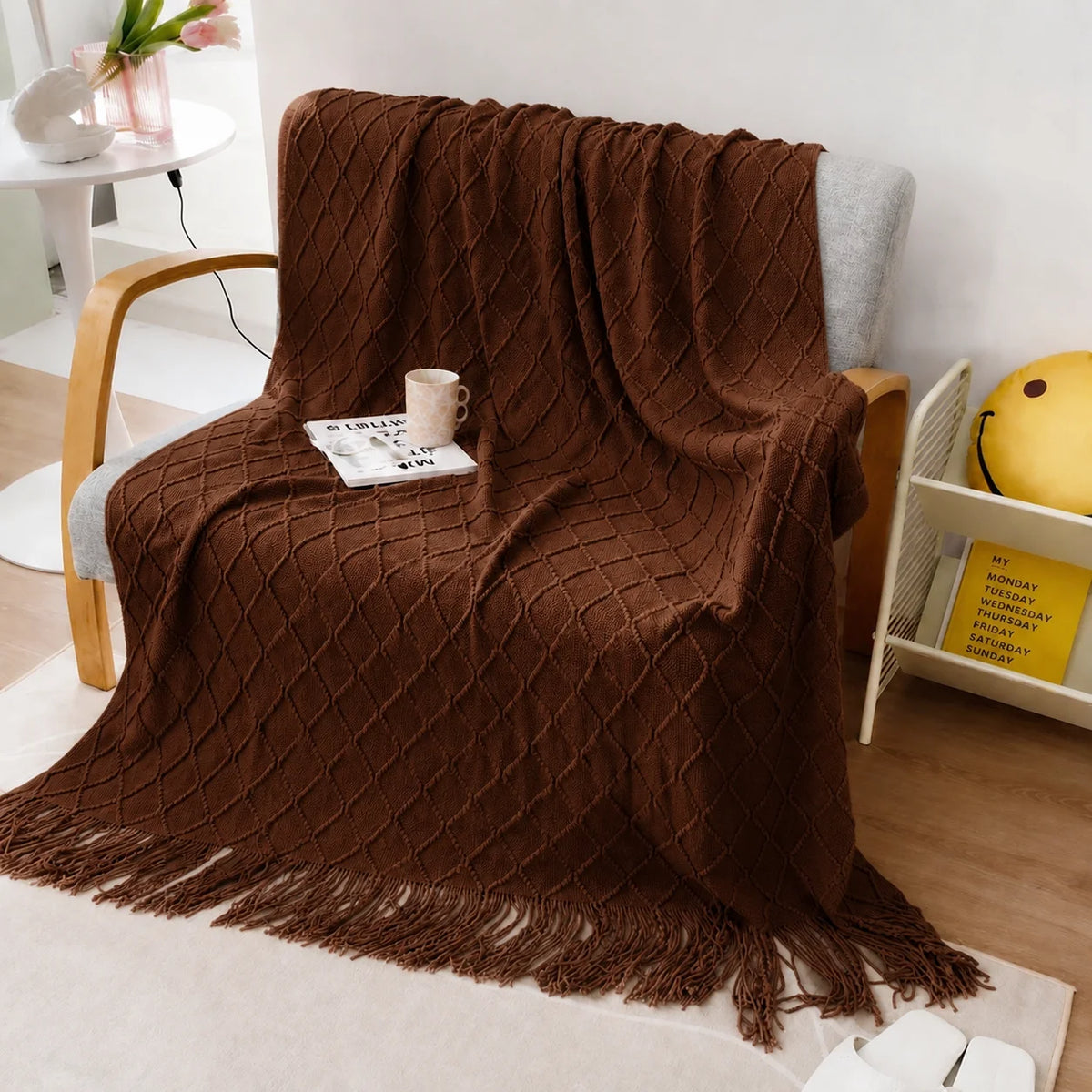 Sage Green Diamond Knit Throw Blanket with Tassels