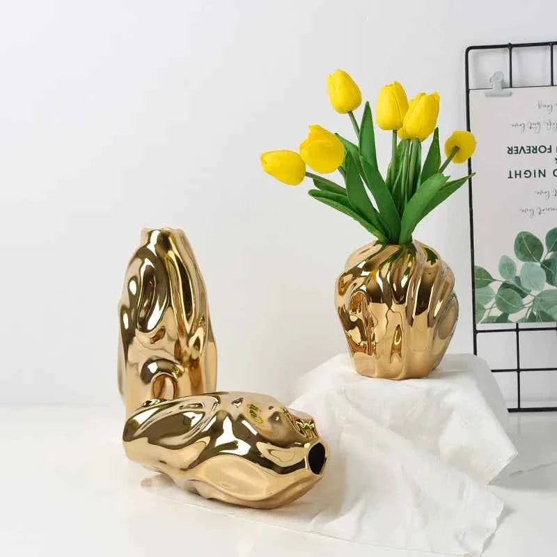 Modern Light Luxury Creative Ceramic Golden Vase Decoration Living Room Bedroom Decoration Cabinet Flower Vase Home Decoration