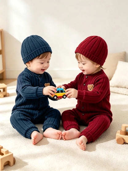 【Baby Boy】Autumn & Winter Red Onesie with Front Single-Breasted Buttons and Cute Bear Badge on Chest + Red Hat Set Featuring a W
