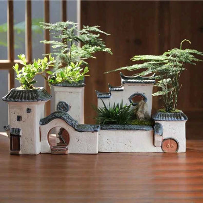 Courtyard Modelling Ceramic Flower Pots Huizhou Architectural Bamboos Pot Planting Pots Fish Tank Aquascape Ornament Decorations