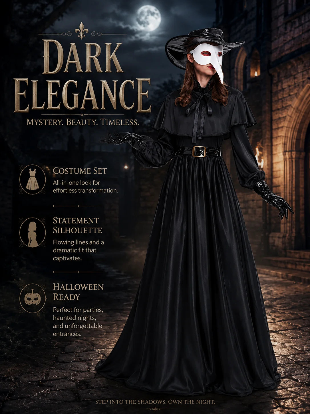 Women Plague Doctor Costume Set Medieval Gothic Long Dress with Cape Belt Hat Gloves Bird Beak Mask Steampunk Halloween Cosplay Outfit for Carnival Party