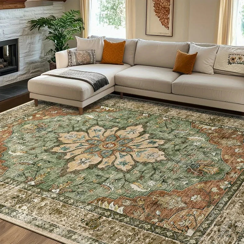 Bohemian Floral Vintage Oversized Area Rug – Machine Washable Non-Slip Green Carpet