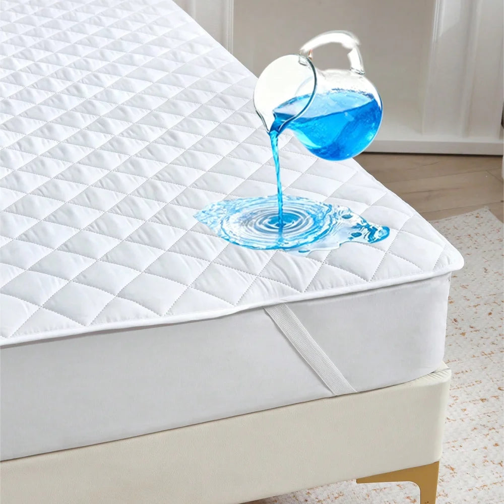 100% Waterproof Plaid Mattress Protector – Breathable Ultra-Soft Square Grid Cover with Elastic Corner Straps