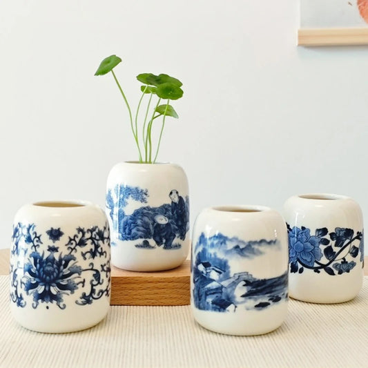 Mini vase en céramique, en porcelaine bleue et blanche antique, pour étagères, chambre, salon, vase de décoration de table en céramique
