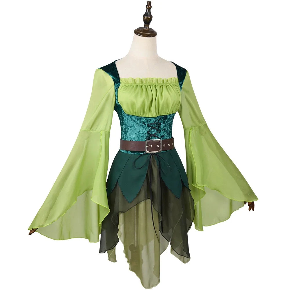 Women's Elf Medieval Green Fairy Dress Magical Elf Dress and Belt with Wings Halloween Carnival Party Cosplay Costumes