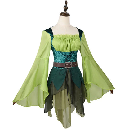 Women's Elf Medieval Green Fairy Dress Magical Elf Dress and Belt with Wings Halloween Carnival Party Cosplay Costumes