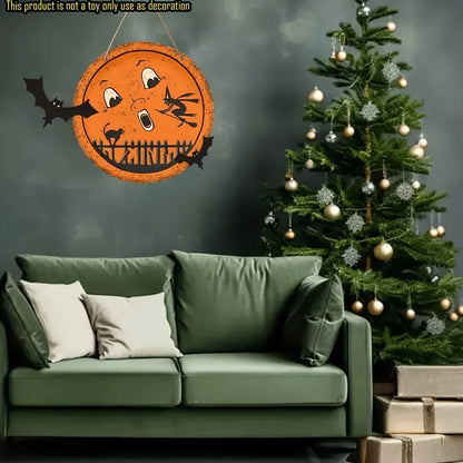 flat Halloween round wooden sign - ghost witch, black cat and full moon - Halloween decoration, no power required