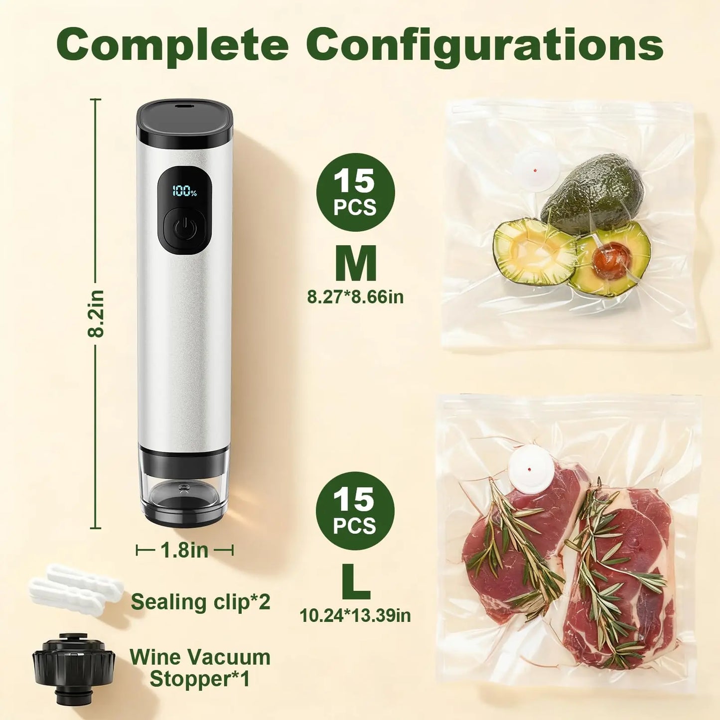 Portable Aluminum Electric Vacuum Food Sealer with 30 Reusable Bags, Wine Stopper and Sealing Clips