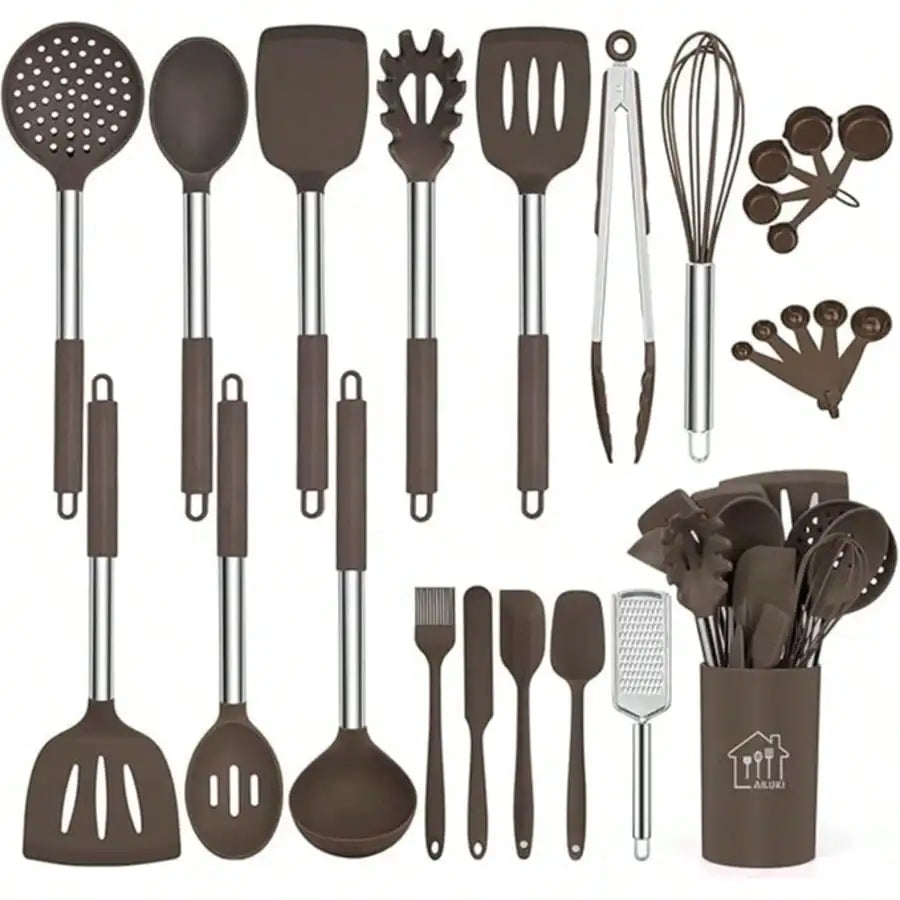 26-Piece Silicone Cooking Utensil Set with Stainless Steel Handles, Holder and Grater
