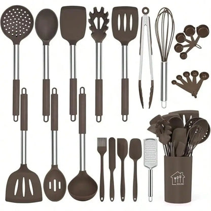 26-Piece Silicone Cooking Utensil Set with Stainless Steel Handles, Holder and Grater