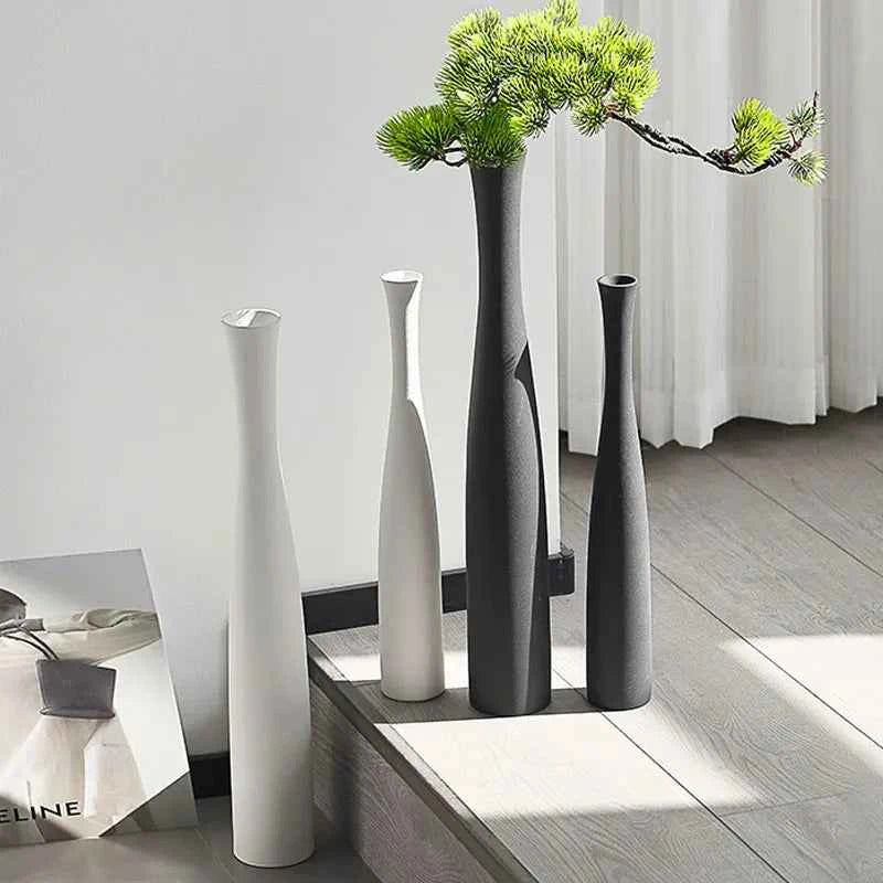 Tall Conic White Flower Vase Bottle Neck Black White Ceramic Slim Bud Vase for Pampas Grass Dry Flower Boho Home Decoration