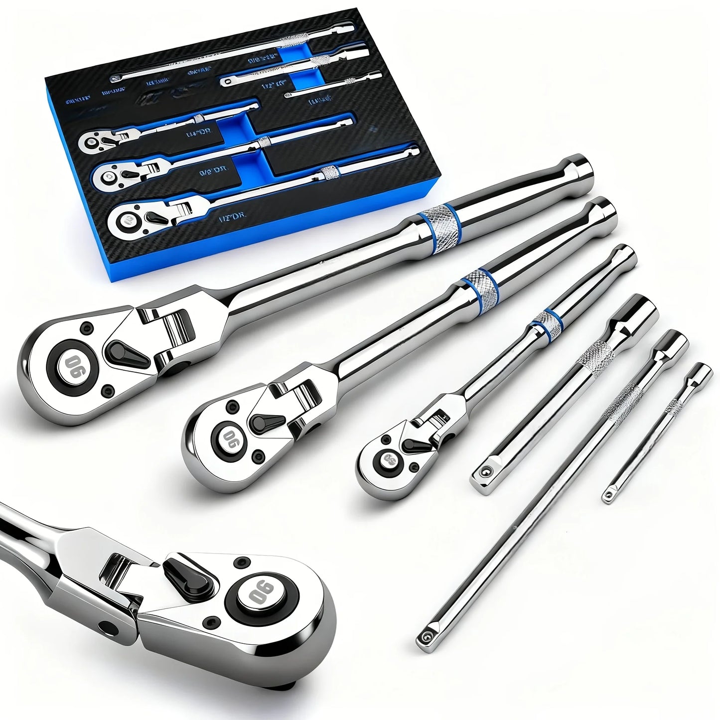 6pcs/3pcs Twist Head Ratchet Set, 1/4", 3/8", 1/2" Drive, Twist Head Ratchet Wrench with Extension Bar, 72 Teeth, 180 °   Adjustable, Quick Release, Flexible Ratchet Handle with EVA Foam.