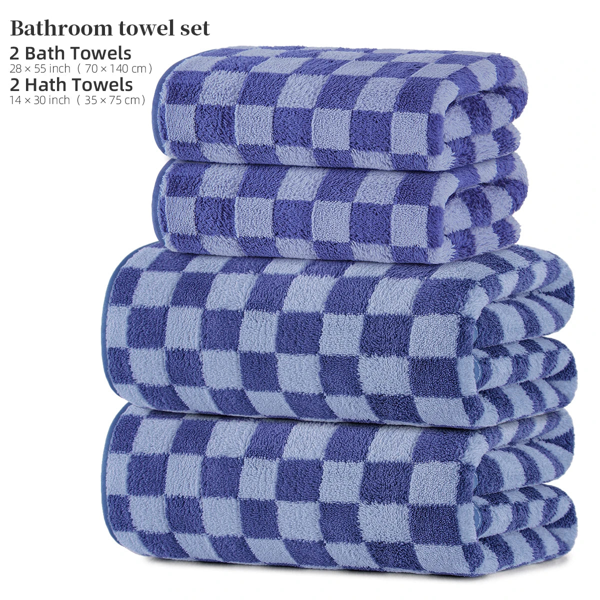 4-Piece Towel Set, 2 Bath Towels + 2 Hand Towels, Checkerboard Pattern