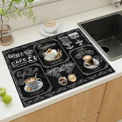 Creative Coffee Print Kitchen Drying Mat Soft Rubber Non-Slip Absorbent Stain-Resistant Mats for Coffee Bar Countertops Dish Mat