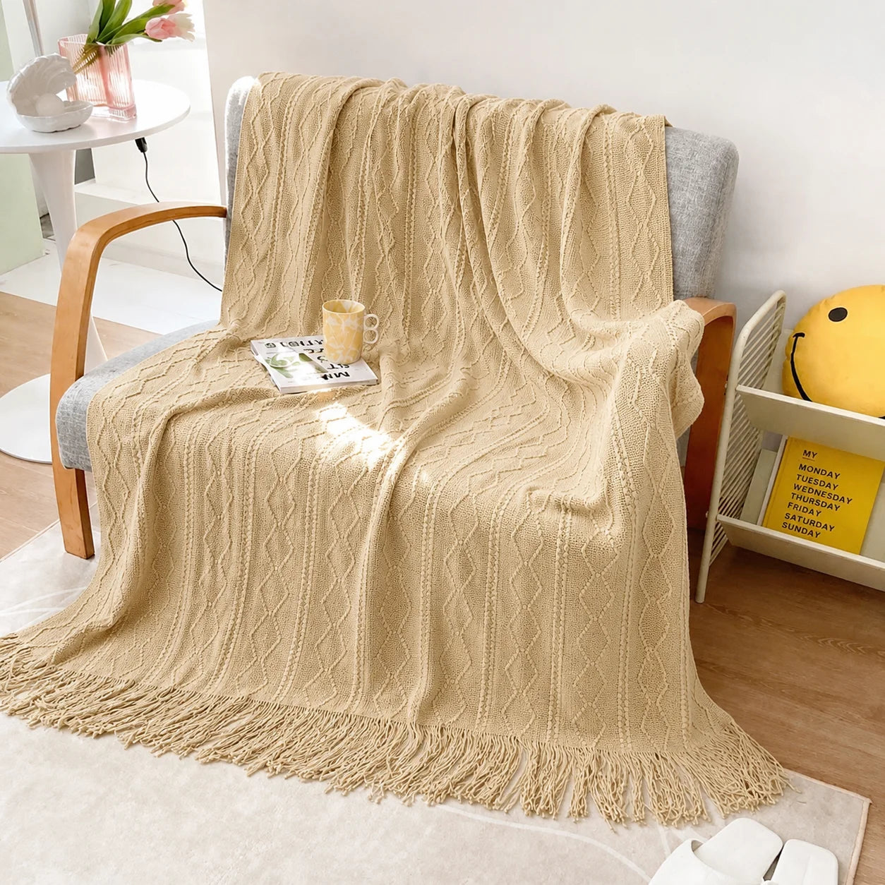 Sage Green Diamond Knit Throw Blanket with Tassels