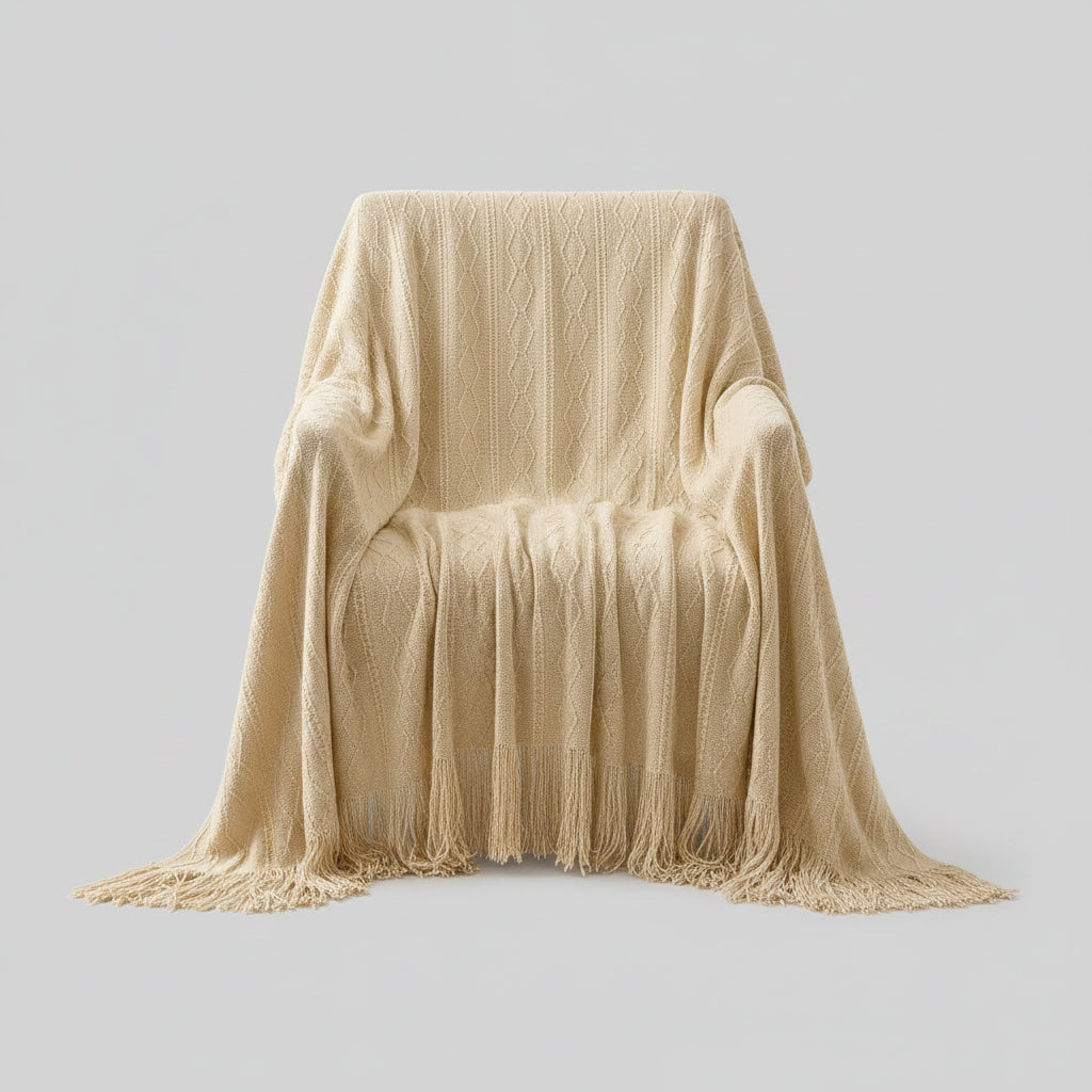 Sage Green Diamond Knit Throw Blanket with Tassels