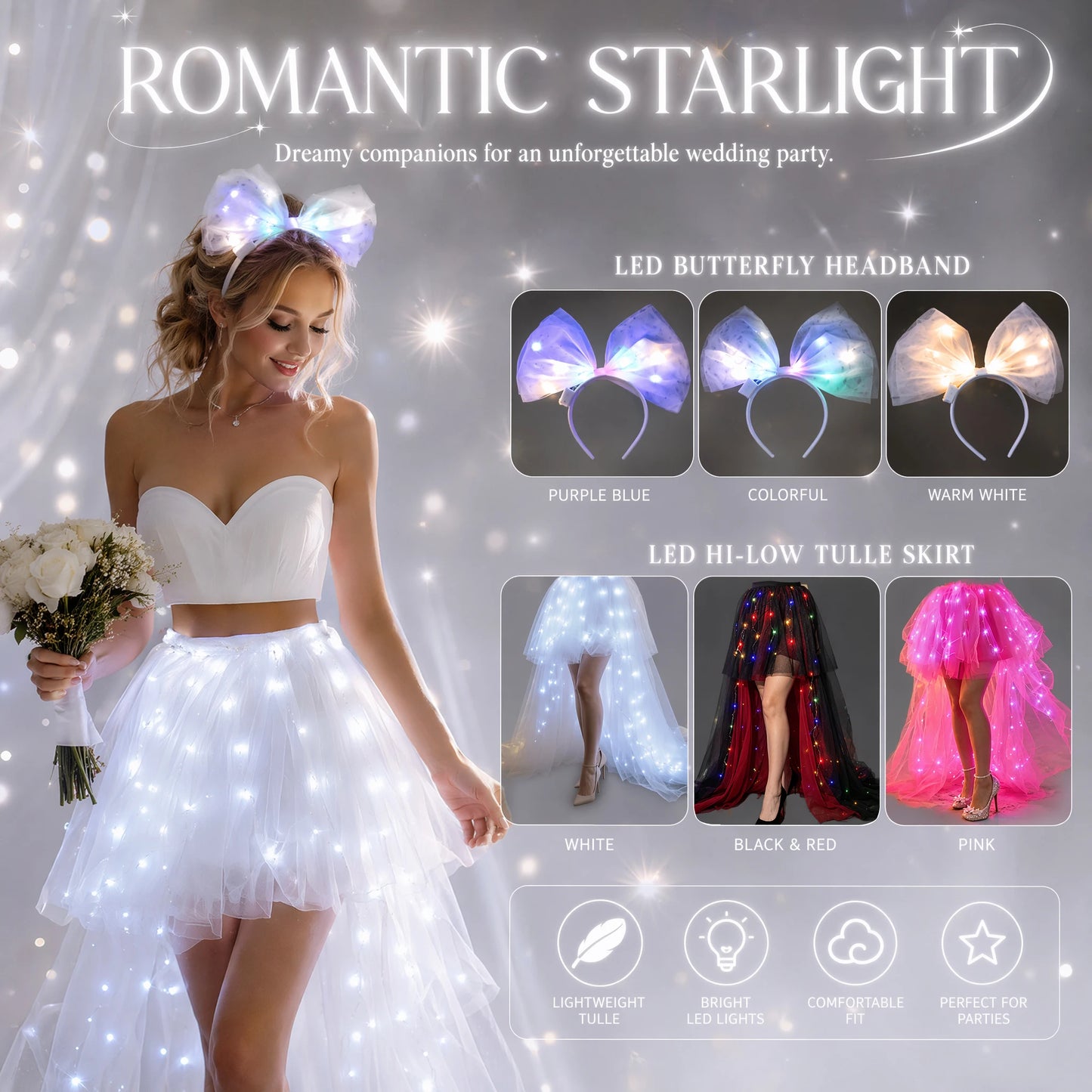 LED Light Up High Low Tulle Tutu Skirt Women Front Short Back Long Irregular Flowy Puffy Half Skirt for Halloween Carnival Night Club Party