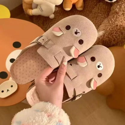 Fashion Women Boken Shoes  Retro Thick-Soled Super Comfortable Cute Exquisite Little Bear Design Outdoor Casual Half-Drag Flats